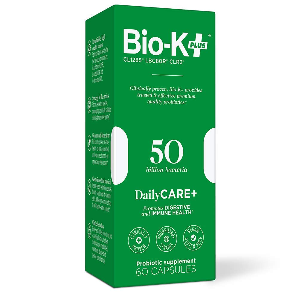 Bio-K + Daily Care Plus Probiotic Supplement Capsules for Adult Men and Women, 50 Billion Active Bacteria, Promotes Immune System & Intestinal Health - Vegan & Gluten-Free Delayed Release