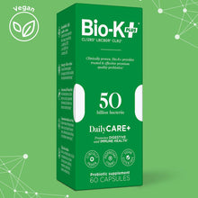 Load image into Gallery viewer, Bio-K + Daily Care Plus Probiotic Supplement Capsules for Adult Men and Women, 50 Billion Active Bacteria, Promotes Immune System &amp; Intestinal Health - Vegan &amp; Gluten-Free Delayed Release
