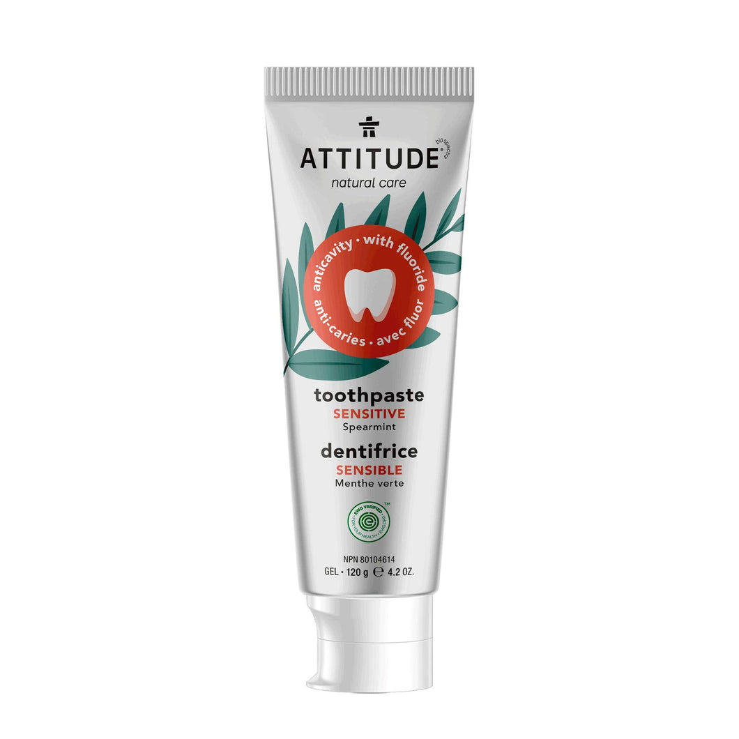 ATTITUDE Toothpaste with Fluoride, Prevents Tooth Decay and Cavities, Vegan, Cruelty-Free and Sugar-Free, Sensitive, Spearmint, 4.2 Oz