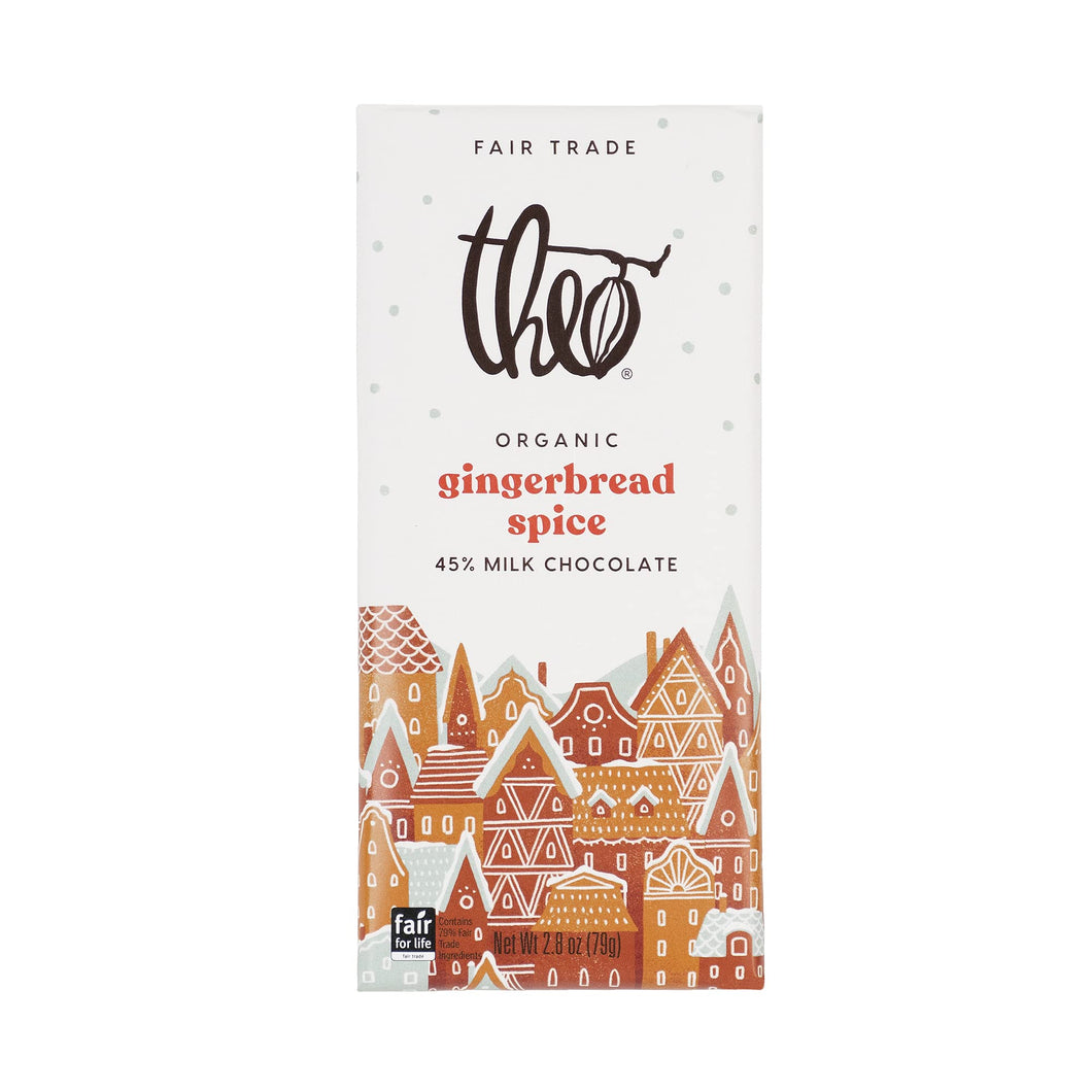Theo Chocolate Holiday Gingerbread Spice Organic Milk Chocolate Bar, 45% Cacao