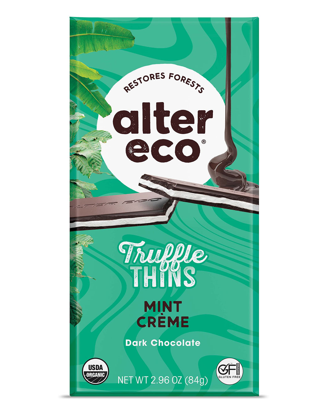 Alter Eco Mint Creme Truffle Thins, Chocolate Bar with Gooey Ganache Truffle Filling, Gluten-Free, Non-GMO Snacks, No Additives or Artificial Sweeteners, Fair Trade, Recyclable Packaging
